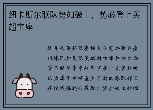 纽卡斯尔联队势如破土，势必登上英超宝座